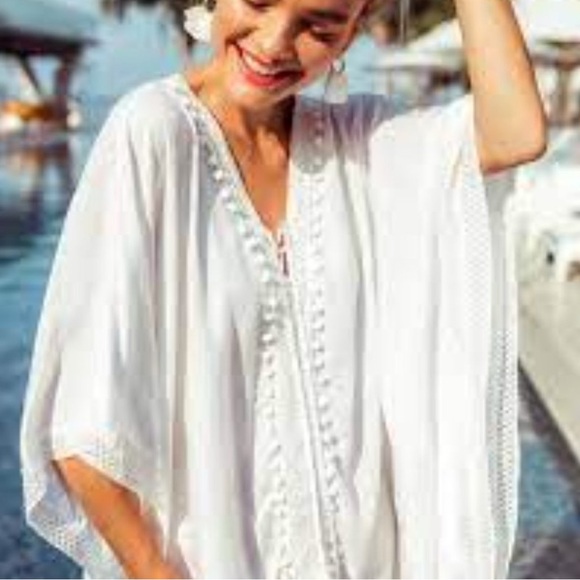 Bindya Coverup in White with Front Ties and Pom Pom Trim. One size. NWOT. - Picture 5 of 6